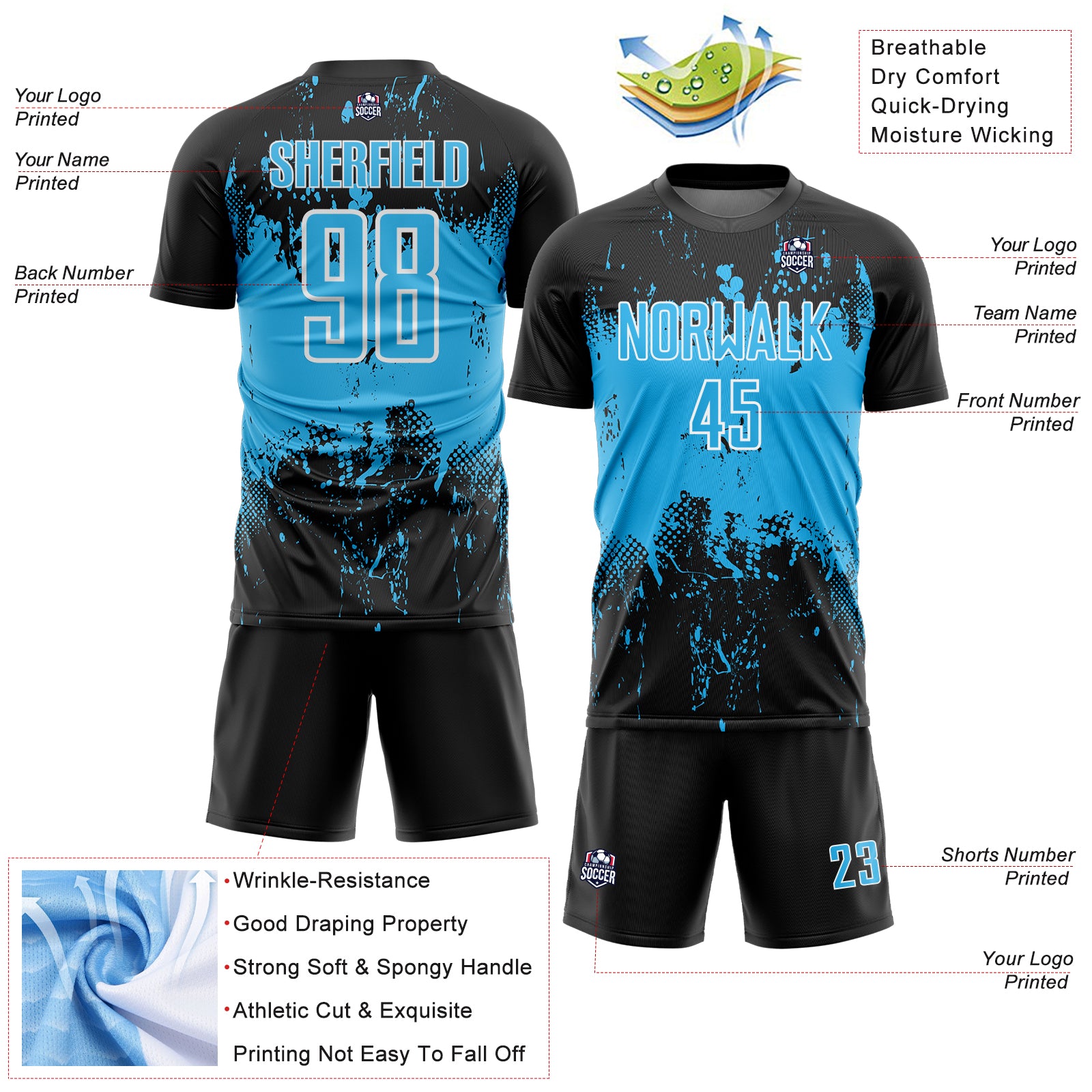 Custom Black Sky Blue-White Abstract Splatter Grunge Art Sports Sublimation Soccer Uniform Jersey