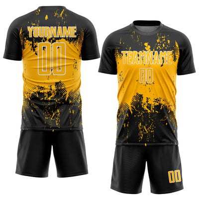 Custom Black Gold-White Abstract Splatter Grunge Art Sports Sublimation Soccer Uniform Jersey