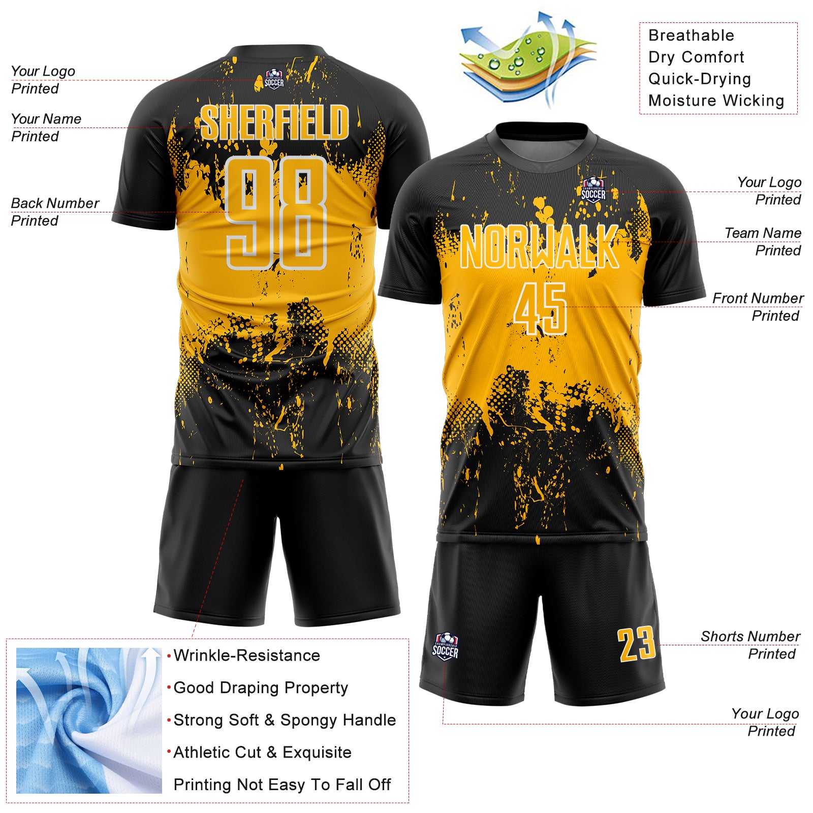 Custom Black Gold-White Abstract Splatter Grunge Art Sports Sublimation Soccer Uniform Jersey