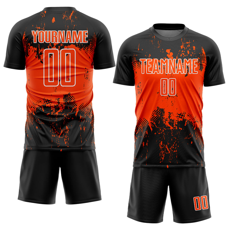 Custom Black Orange-White Abstract Splatter Grunge Art Sports Sublimation Soccer Uniform Jersey