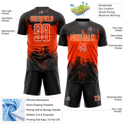 Custom Black Orange-White Abstract Splatter Grunge Art Sports Sublimation Soccer Uniform Jersey