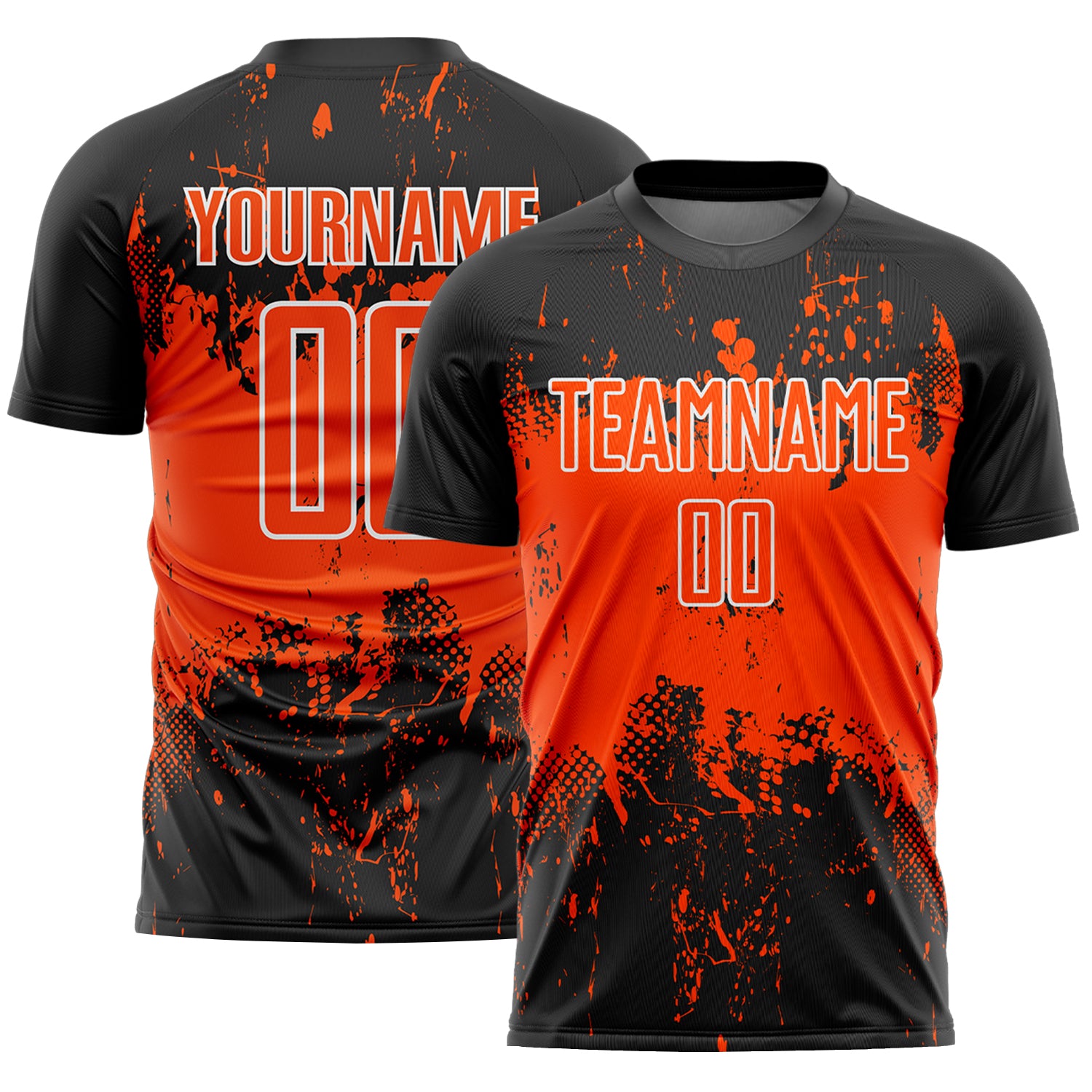 Custom Black Orange-White Abstract Splatter Grunge Art Sports Sublimation Soccer Uniform Jersey