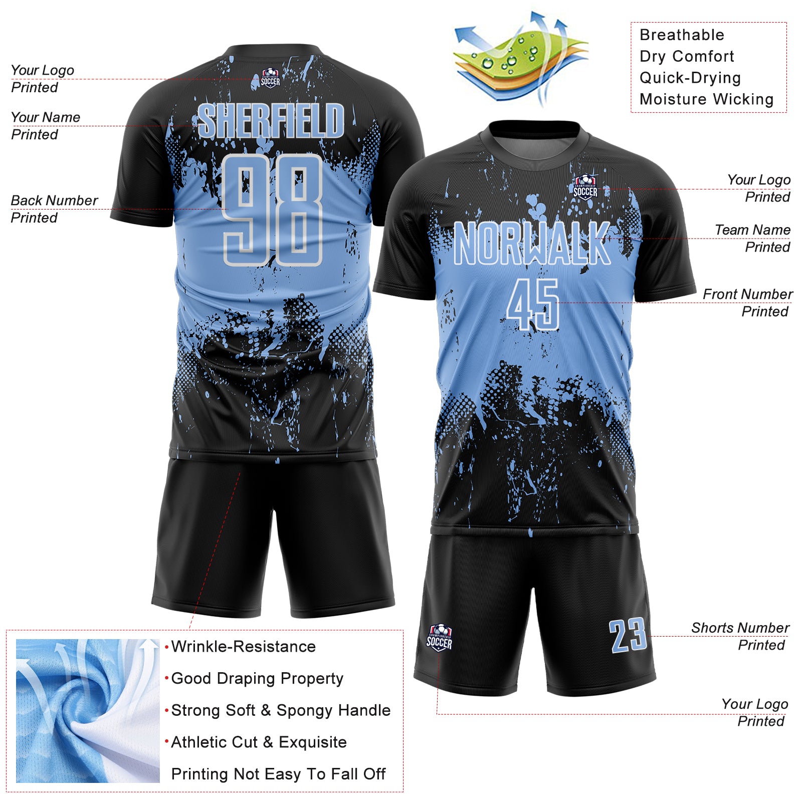 Custom Black Light Blue-White Abstract Splatter Grunge Art Sports Sublimation Soccer Uniform Jersey