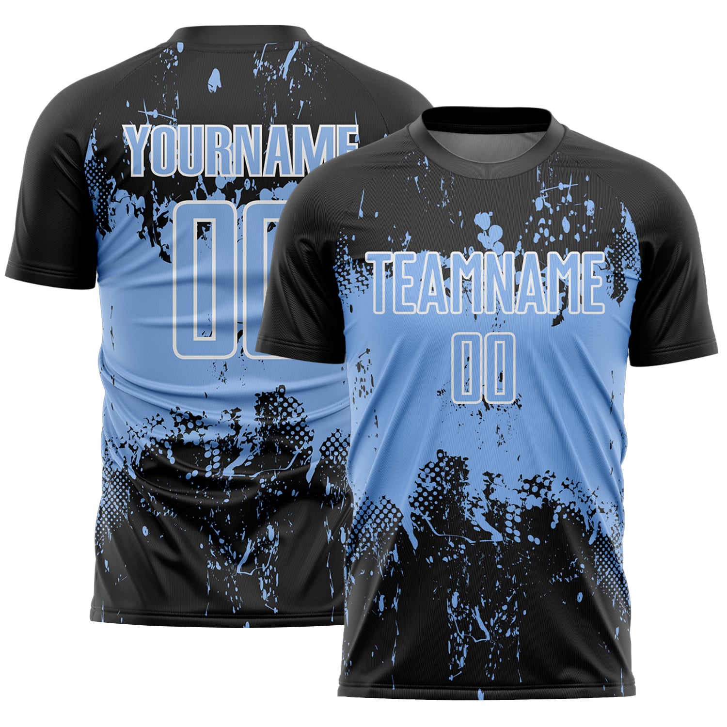 Custom Black Light Blue-White Abstract Splatter Grunge Art Sports Sublimation Soccer Uniform Jersey