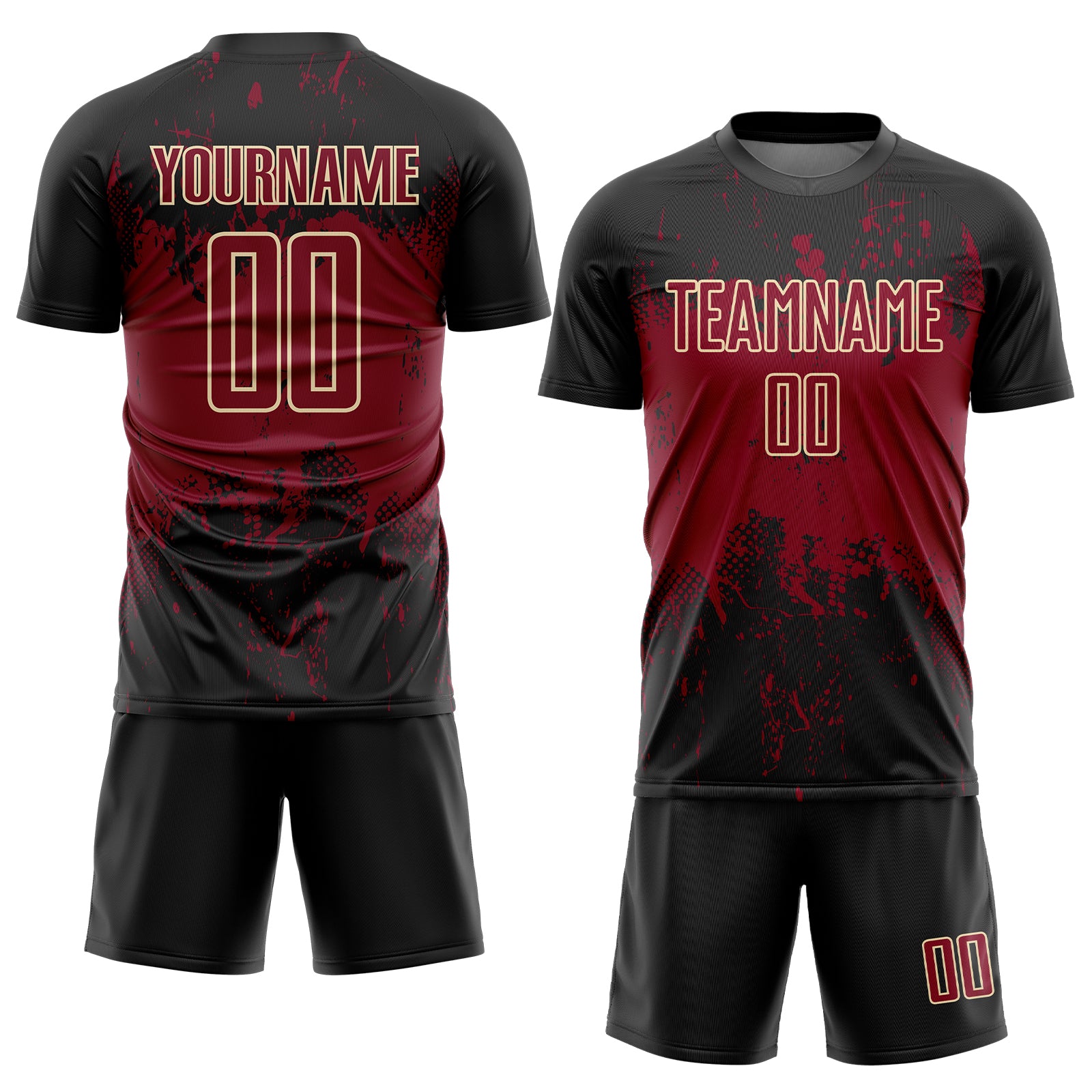 Custom Black Crimson-Cream Abstract Splatter Grunge Art Sports Sublimation Soccer Uniform Jersey