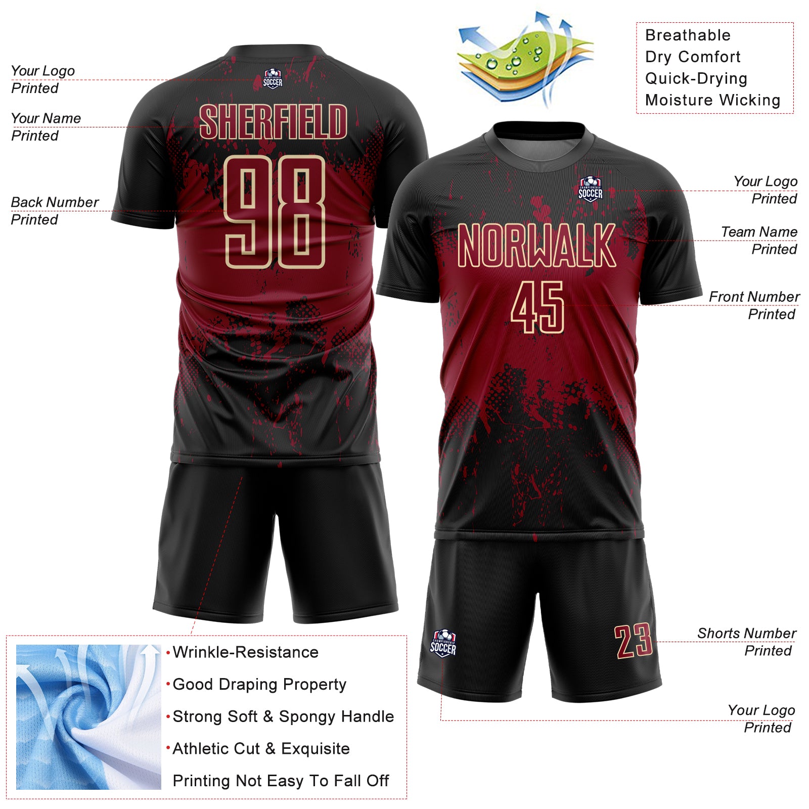 Custom Black Crimson-Cream Abstract Splatter Grunge Art Sports Sublimation Soccer Uniform Jersey