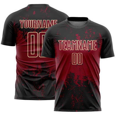 Custom Black Crimson-Cream Abstract Splatter Grunge Art Sports Sublimation Soccer Uniform Jersey