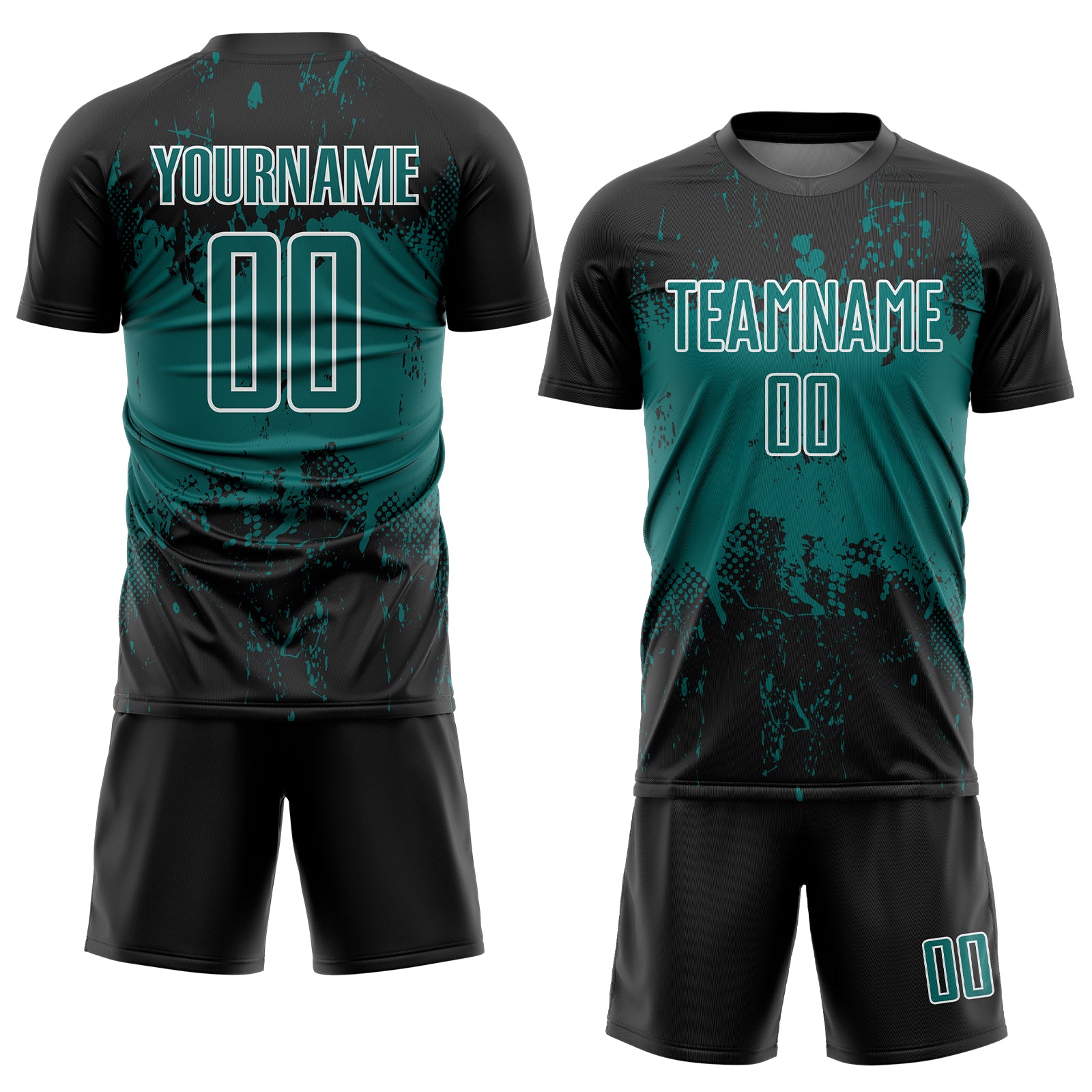 Custom Black Teal-White Abstract Splatter Grunge Art Sports Sublimation Soccer Uniform Jersey