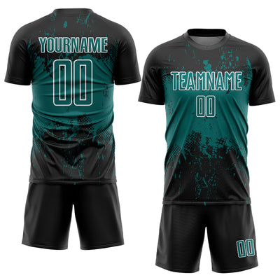 Custom Black Teal-White Abstract Splatter Grunge Art Sports Sublimation Soccer Uniform Jersey