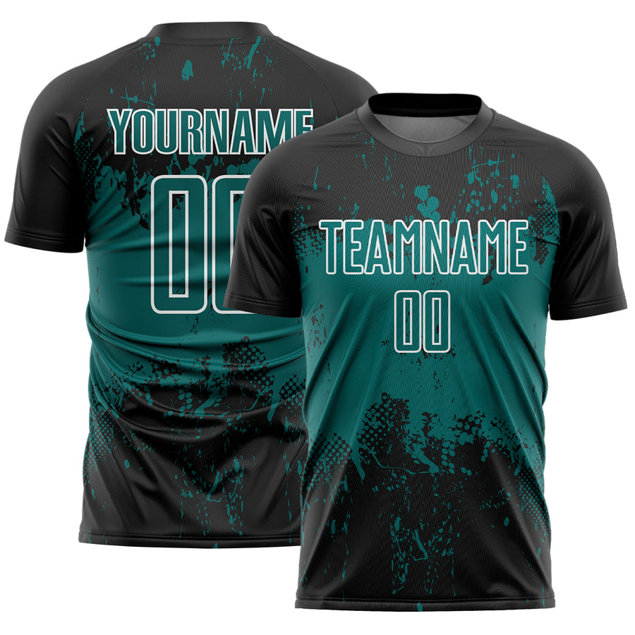 Custom Black Teal-White Abstract Splatter Grunge Art Sports Sublimation Soccer Uniform Jersey