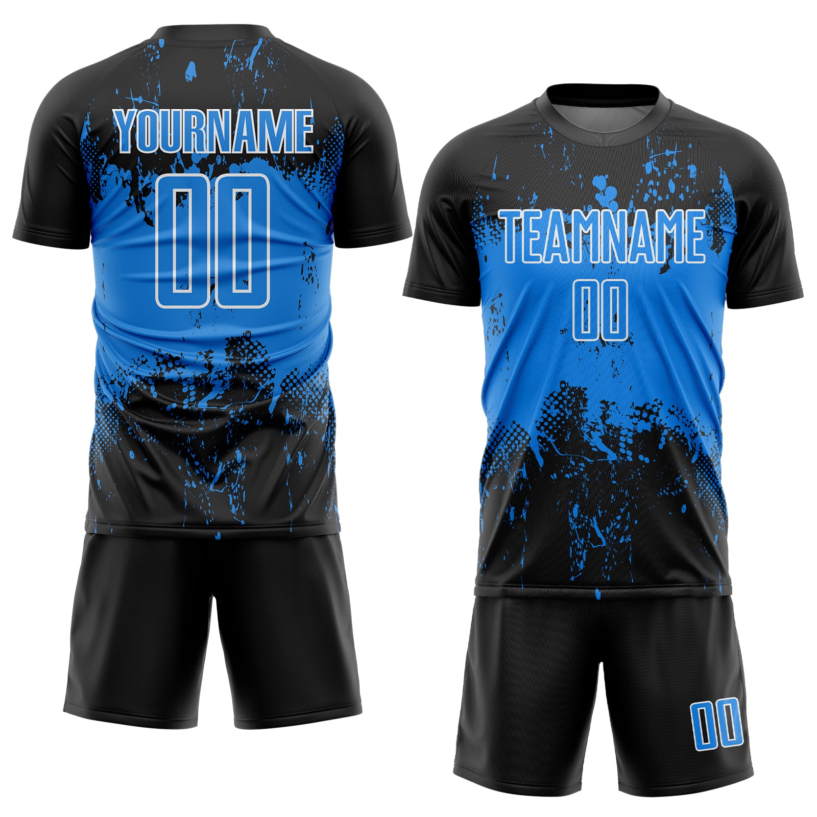 Custom Black Powder Blue-White Abstract Splatter Grunge Art Sports Sublimation Soccer Uniform Jersey