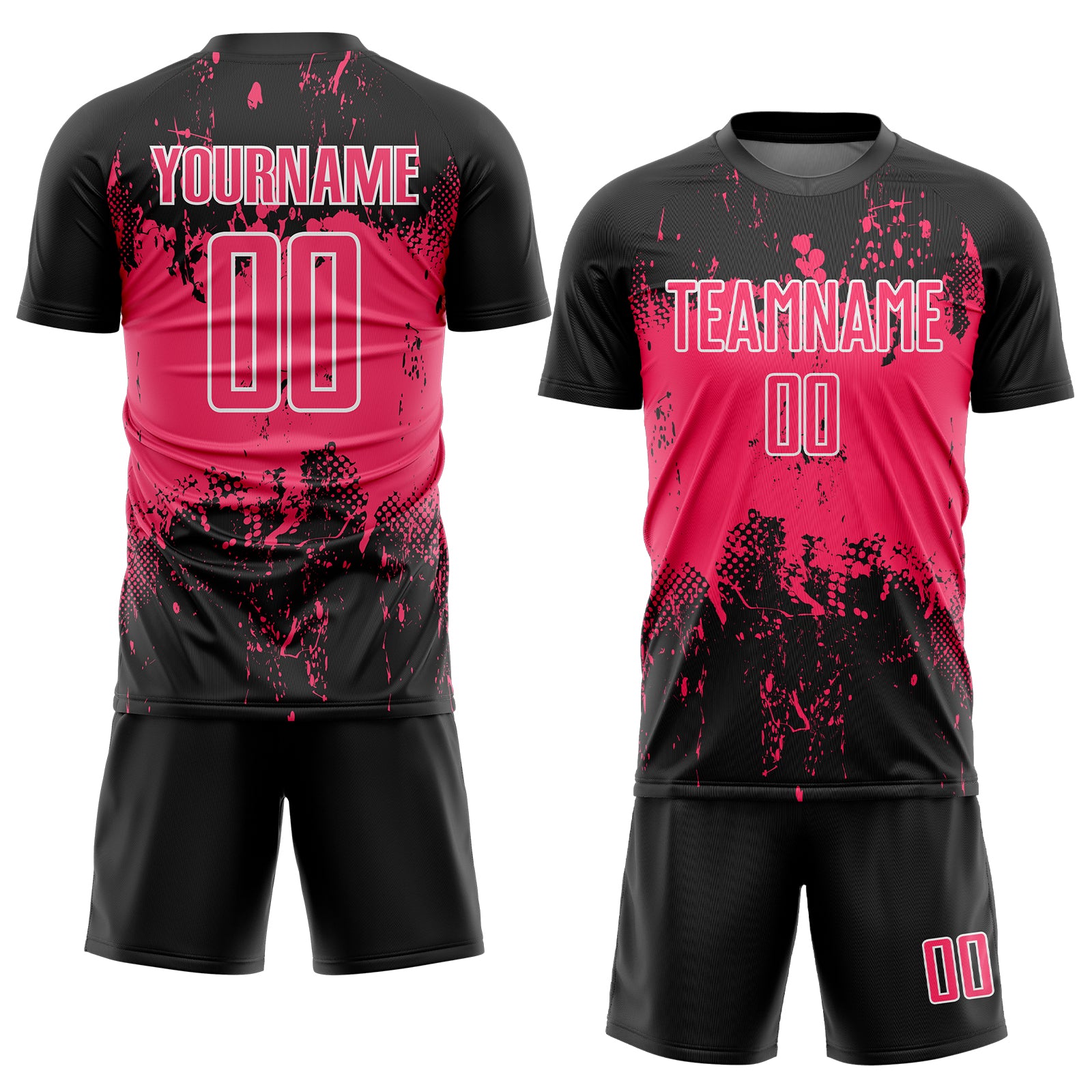 Custom Black Neon Pink-White Abstract Splatter Grunge Art Sports Sublimation Soccer Uniform Jersey