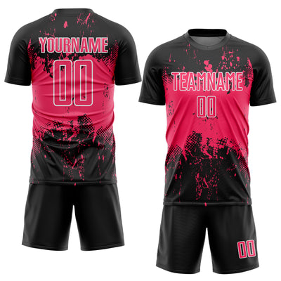 Custom Black Neon Pink-White Abstract Splatter Grunge Art Sports Sublimation Soccer Uniform Jersey