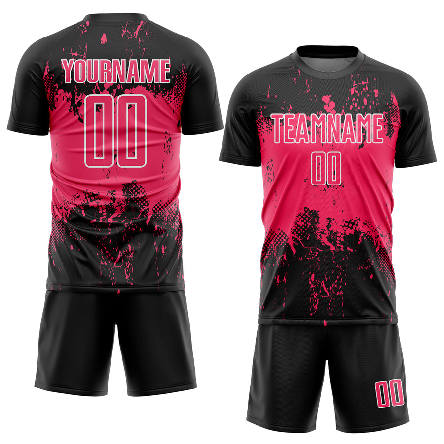 Custom Black Neon Pink-White Abstract Splatter Grunge Art Sports Sublimation Soccer Uniform Jersey