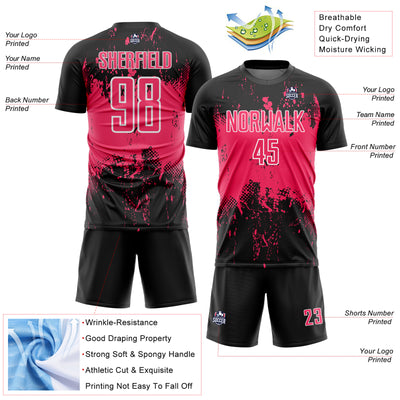 Custom Black Neon Pink-White Abstract Splatter Grunge Art Sports Sublimation Soccer Uniform Jersey