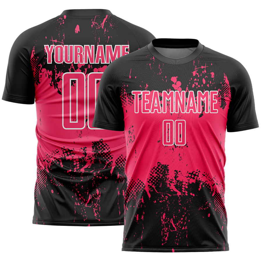 Custom Black Neon Pink-White Abstract Splatter Grunge Art Sports Sublimation Soccer Uniform Jersey