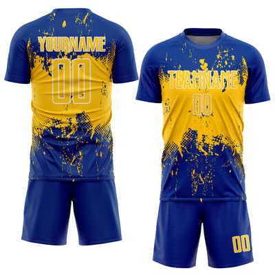 Custom Royal Yellow-White Abstract Splatter Grunge Art Sports Sublimation Soccer Uniform Jersey