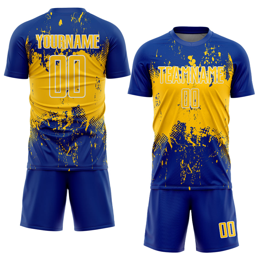 Custom Royal Yellow-White Abstract Splatter Grunge Art Sports Sublimation Soccer Uniform Jersey