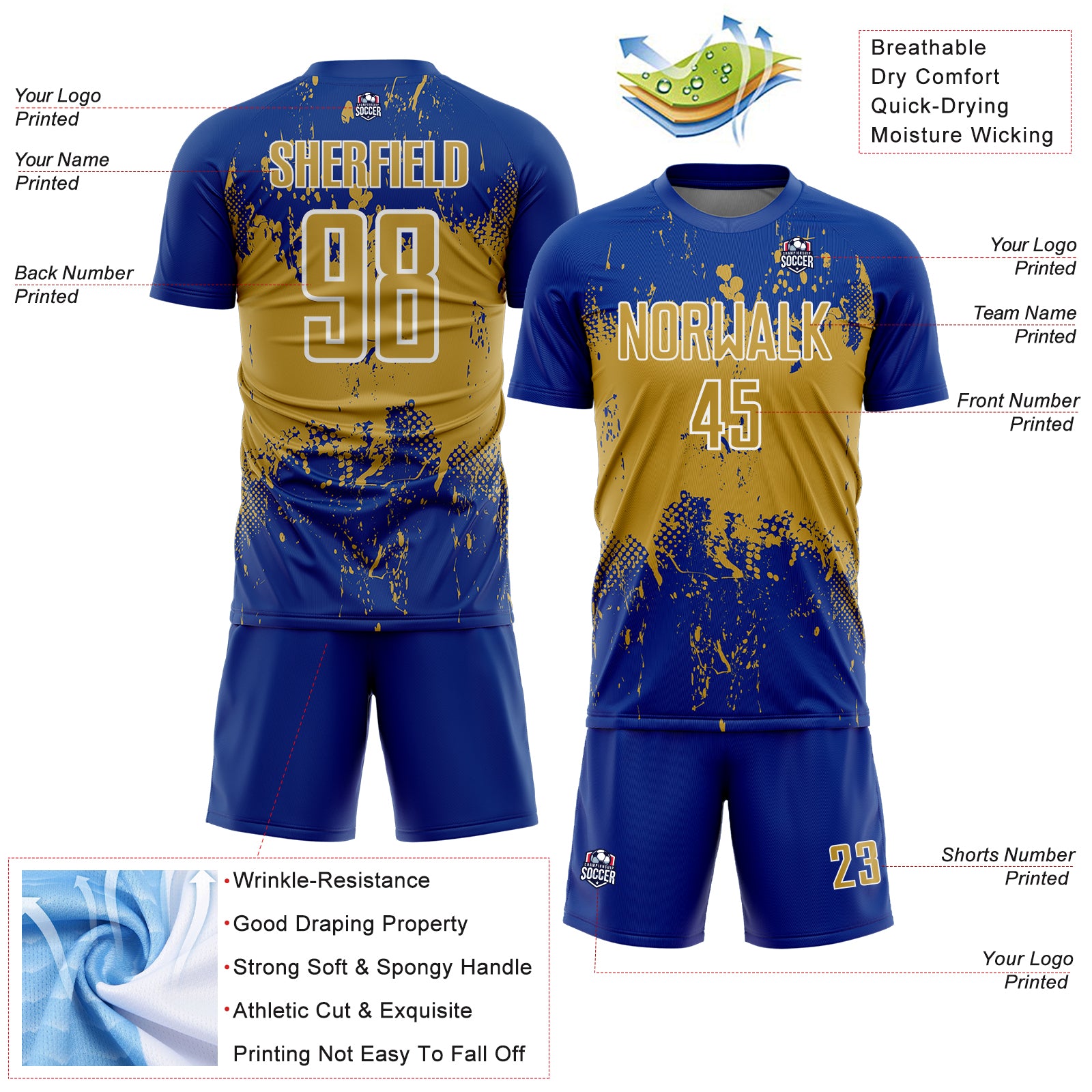 Custom Royal Old Gold-White Abstract Splatter Grunge Art Sports Sublimation Soccer Uniform Jersey