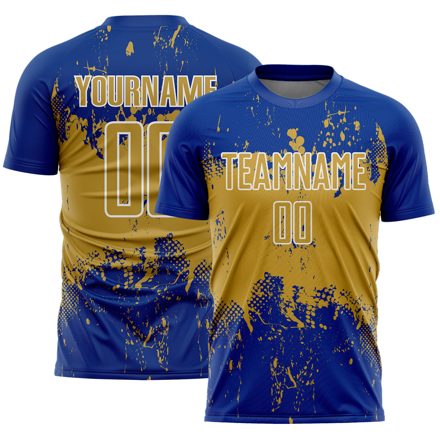 Custom Royal Old Gold-White Abstract Splatter Grunge Art Sports Sublimation Soccer Uniform Jersey
