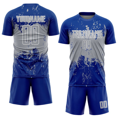 Custom Royal Gray-White Abstract Splatter Grunge Art Sports Sublimation Soccer Uniform Jersey