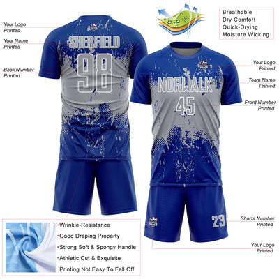 Custom Royal Gray-White Abstract Splatter Grunge Art Sports Sublimation Soccer Uniform Jersey