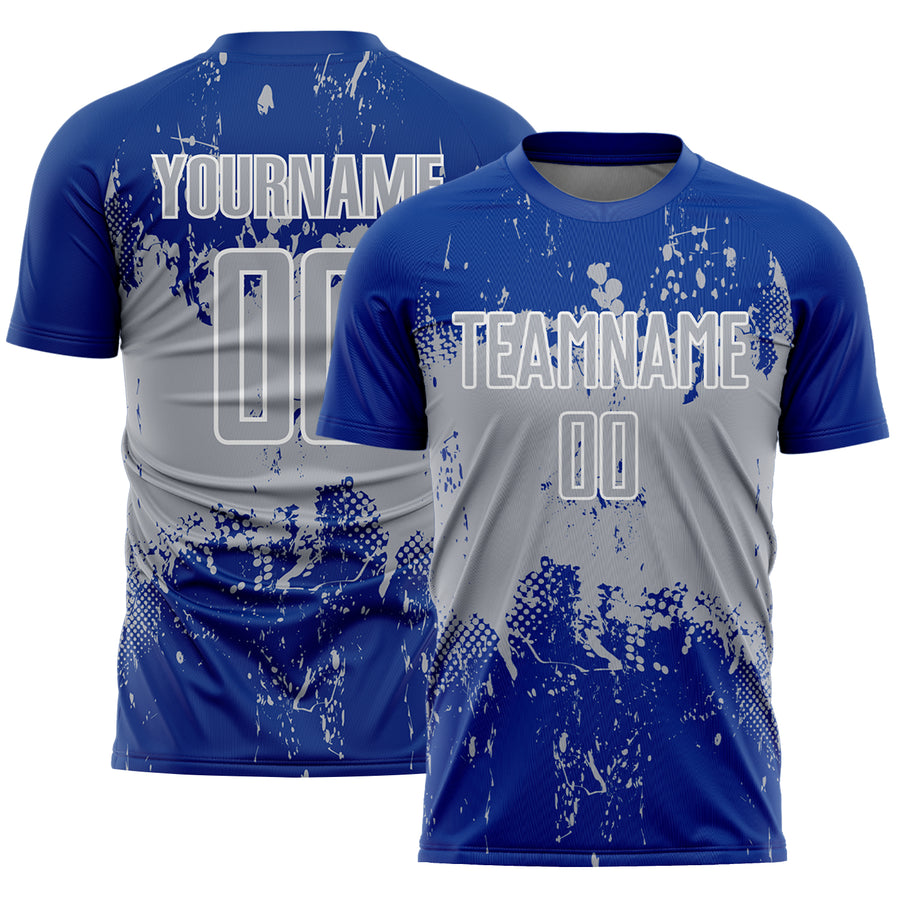 Custom Royal Gray-White Abstract Splatter Grunge Art Sports Sublimation Soccer Uniform Jersey