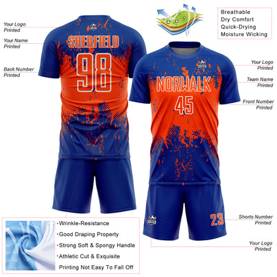 Custom Royal Orange-White Abstract Splatter Grunge Art Sports Sublimation Soccer Uniform Jersey