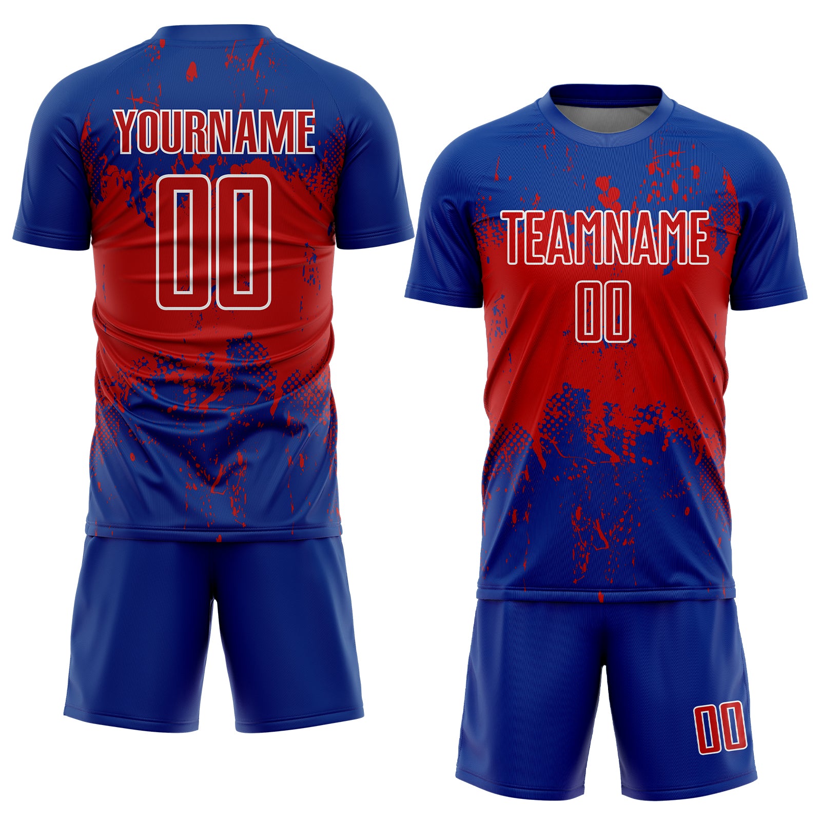 Custom Royal Red-White Abstract Splatter Grunge Art Sports Sublimation Soccer Uniform Jersey