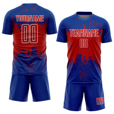 Custom Royal Red-White Abstract Splatter Grunge Art Sports Sublimation Soccer Uniform Jersey