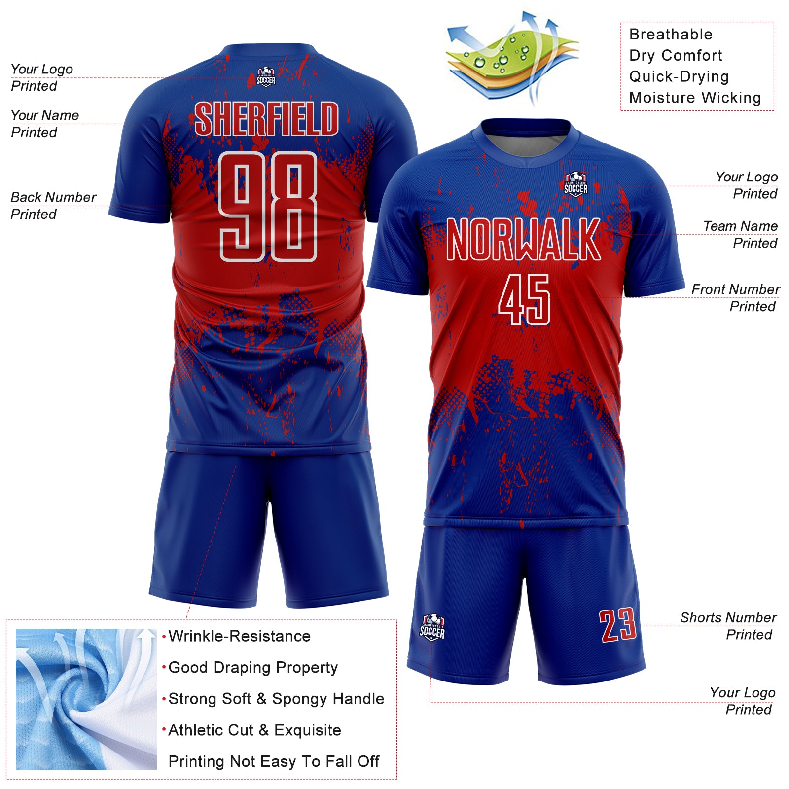 Custom Royal Red-White Abstract Splatter Grunge Art Sports Sublimation Soccer Uniform Jersey