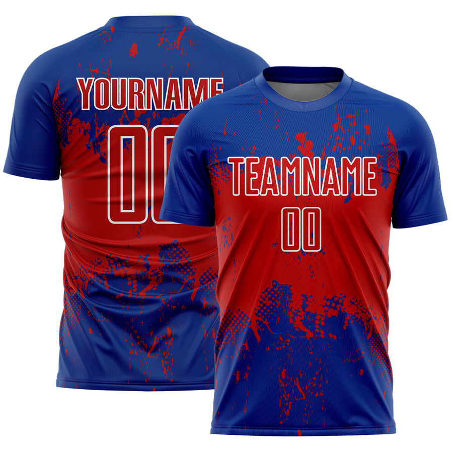 Custom Royal Red-White Abstract Splatter Grunge Art Sports Sublimation Soccer Uniform Jersey