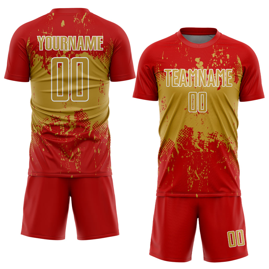 Custom Red Old Gold-White Abstract Splatter Grunge Art Sports Sublimation Soccer Uniform Jersey