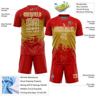 Custom Red Old Gold-White Abstract Splatter Grunge Art Sports Sublimation Soccer Uniform Jersey