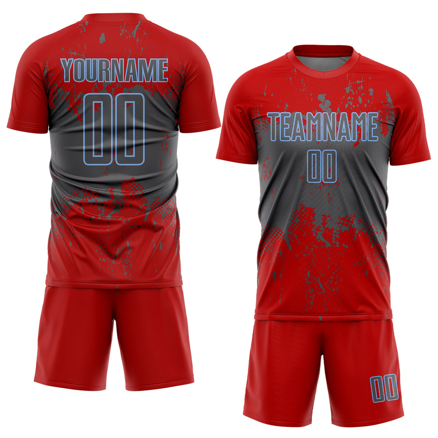 Custom Red Steel Gray-Light Blue Abstract Splatter Grunge Art Sports Sublimation Soccer Uniform Jersey