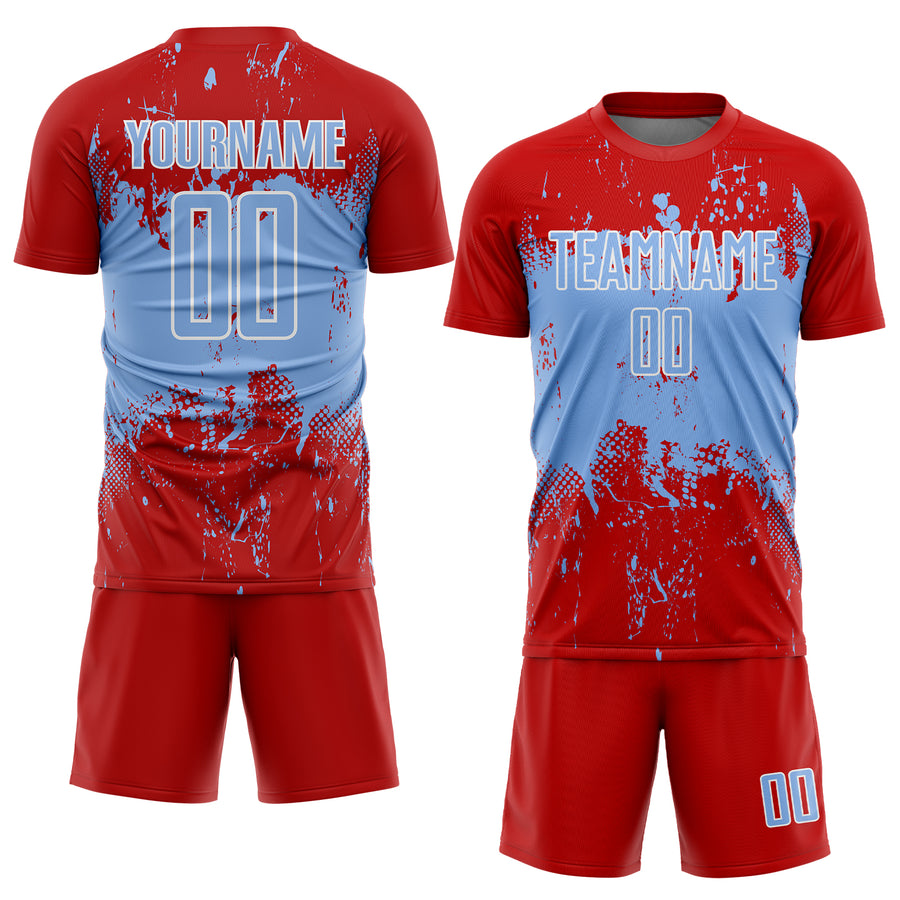 Custom Red Light Blue-White Abstract Splatter Grunge Art Sports Sublimation Soccer Uniform Jersey