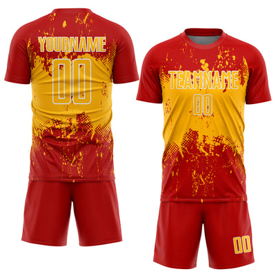 Custom Red Gold-White Abstract Splatter Grunge Art Sports Sublimation Soccer Uniform Jersey