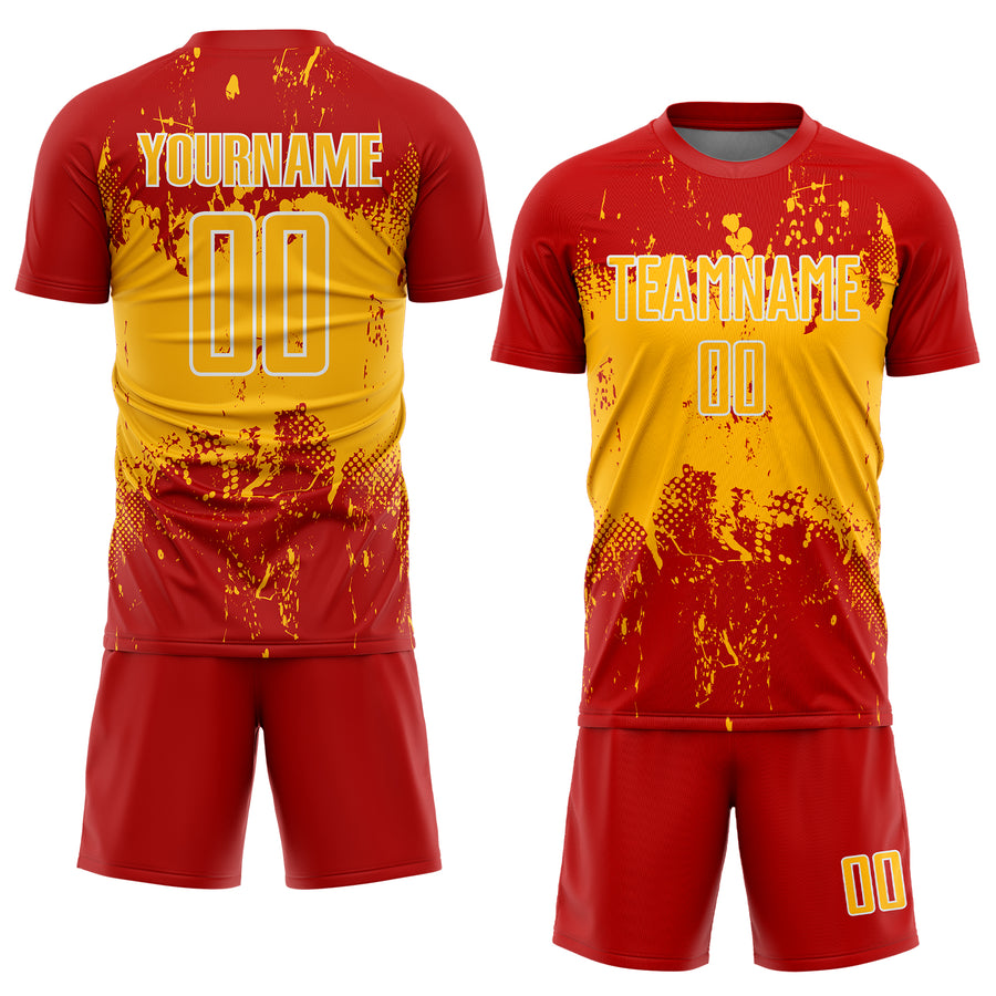 Custom Red Gold-White Abstract Splatter Grunge Art Sports Sublimation Soccer Uniform Jersey