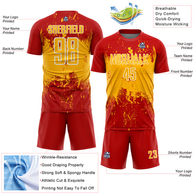 Custom Red Gold-White Abstract Splatter Grunge Art Sports Sublimation Soccer Uniform Jersey