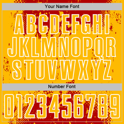 Custom Red Gold-White Abstract Splatter Grunge Art Sports Sublimation Soccer Uniform Jersey