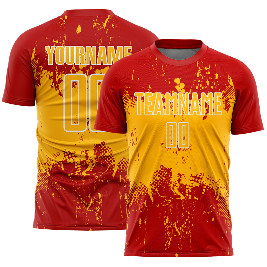 Custom Red Gold-White Abstract Splatter Grunge Art Sports Sublimation Soccer Uniform Jersey