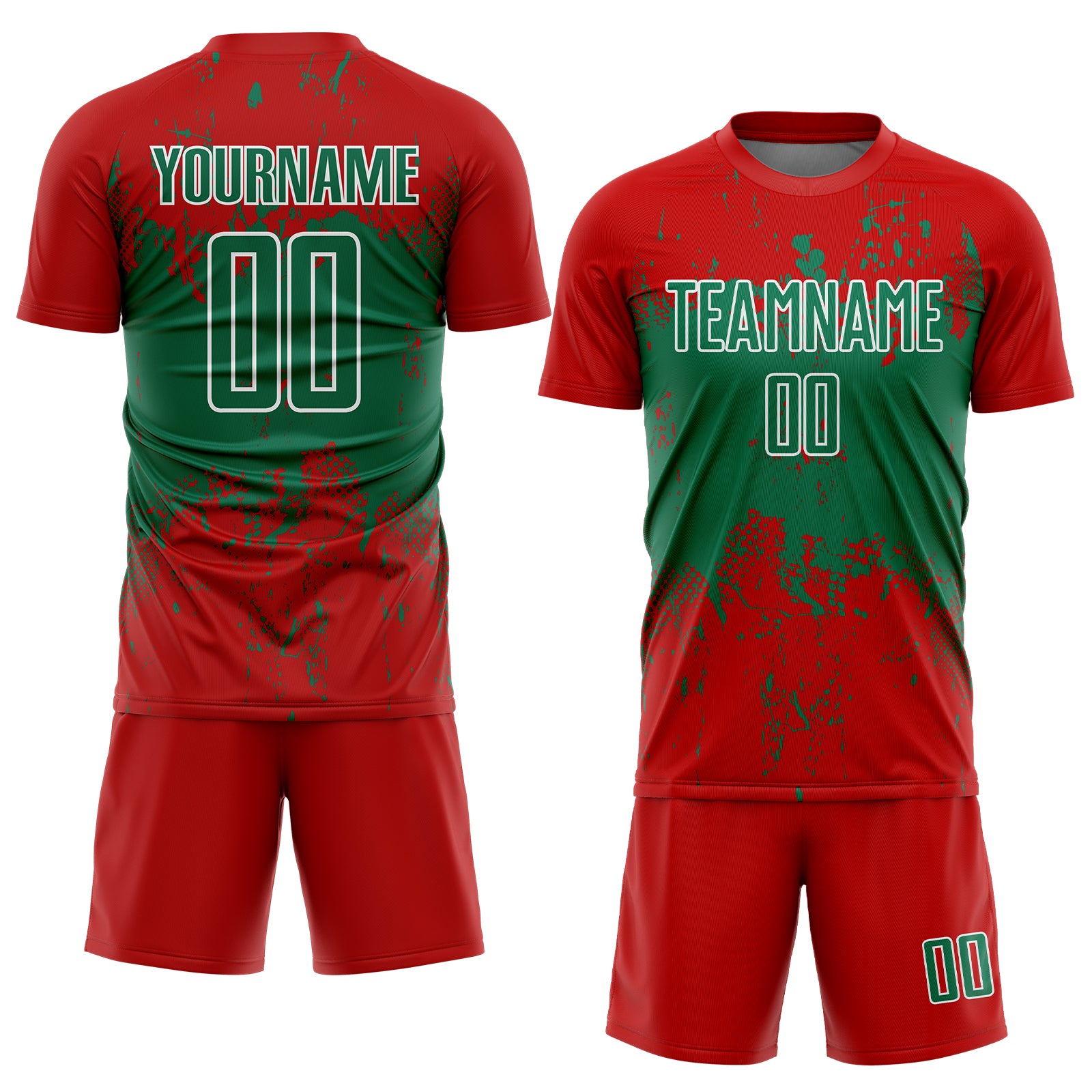 Custom Red Kelly Green-White Abstract Splatter Grunge Art Sports Sublimation Soccer Uniform Jersey