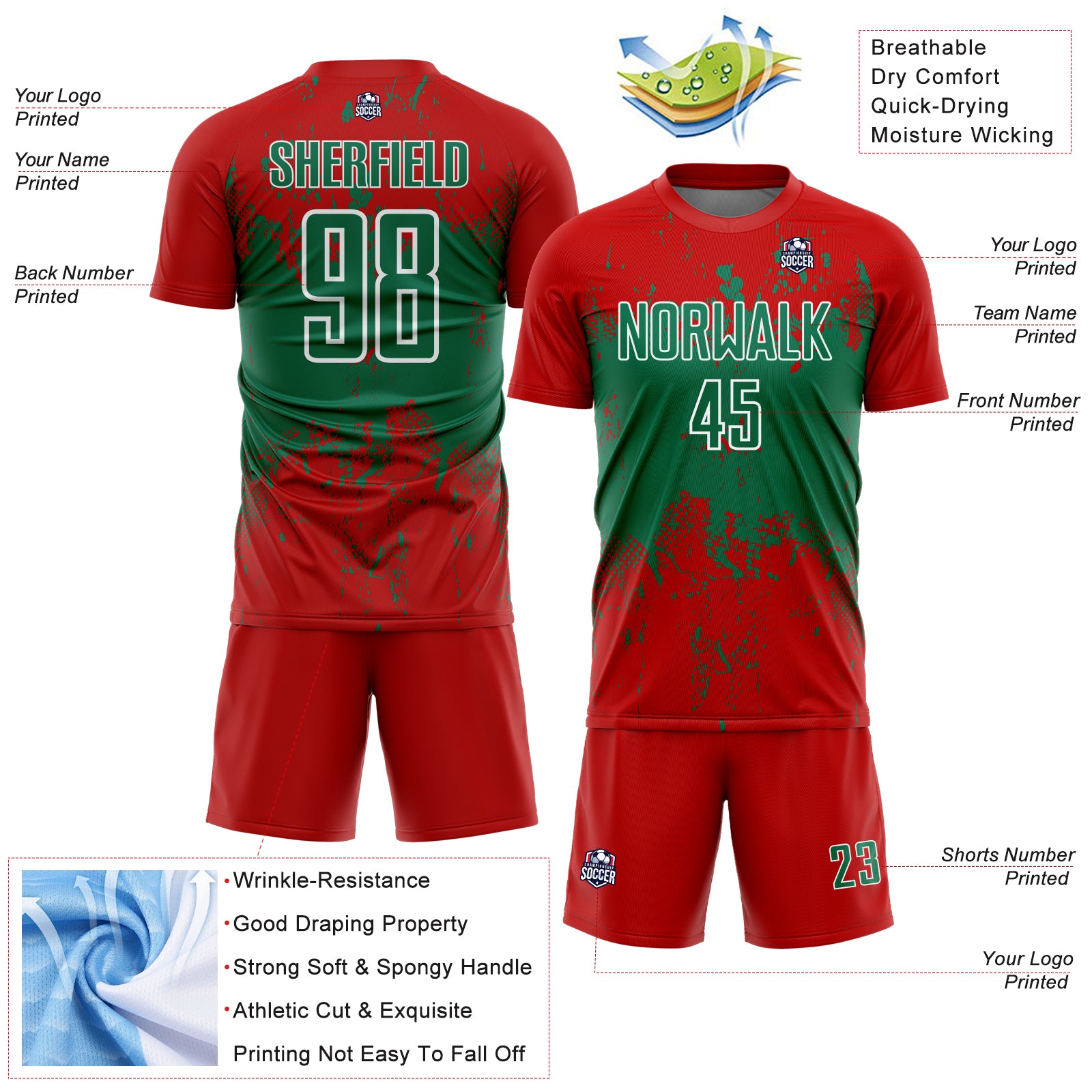 Custom Red Kelly Green-White Abstract Splatter Grunge Art Sports Sublimation Soccer Uniform Jersey