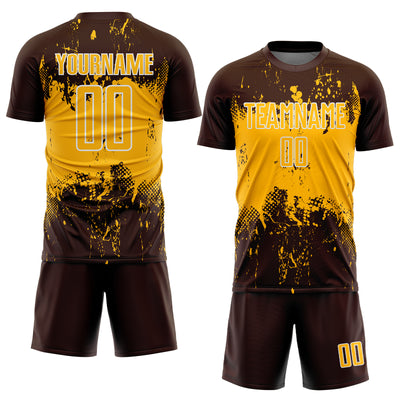 Custom Brown Gold-White Abstract Splatter Grunge Art Sports Sublimation Soccer Uniform Jersey