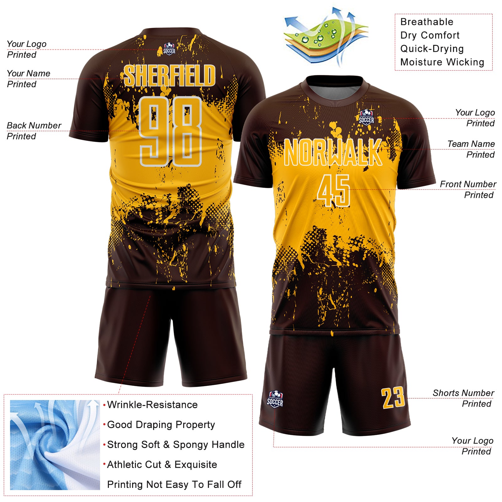 Custom Brown Gold-White Abstract Splatter Grunge Art Sports Sublimation Soccer Uniform Jersey