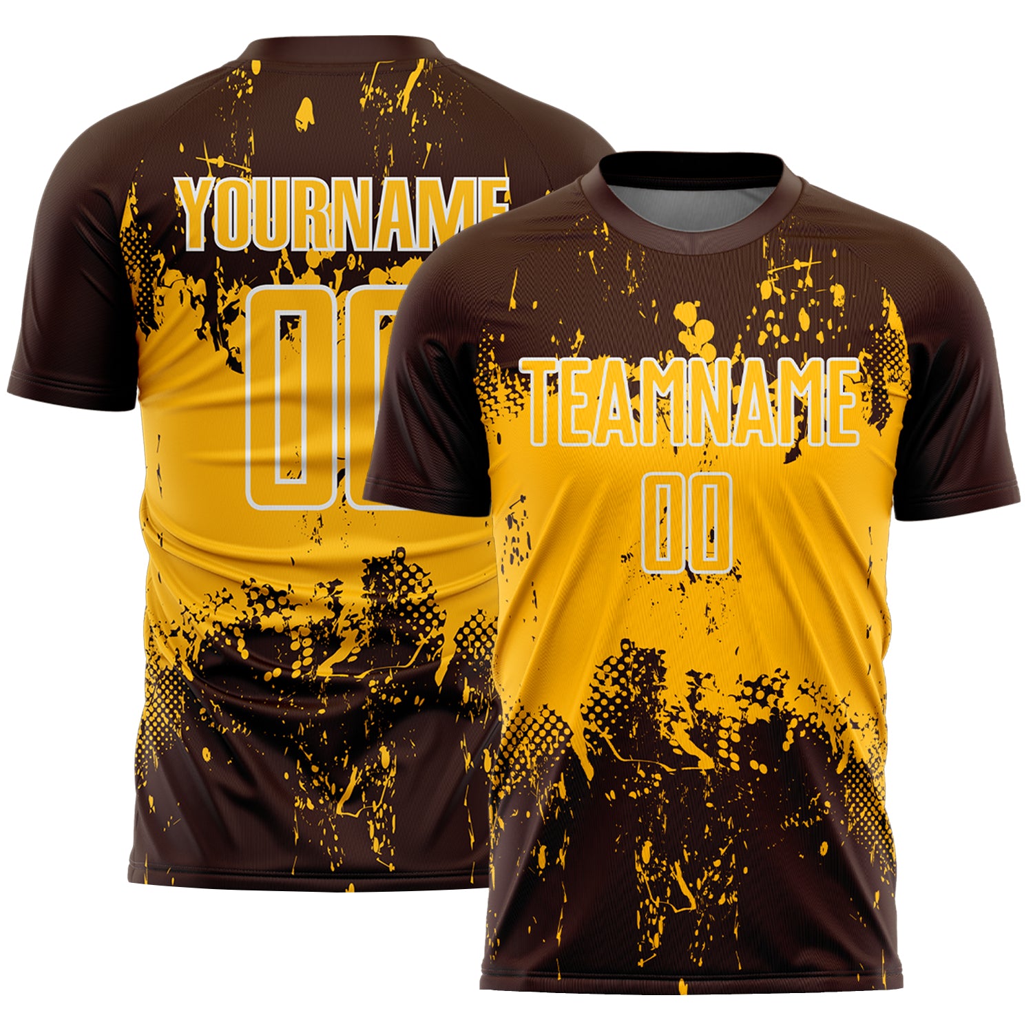 Custom Brown Gold-White Abstract Splatter Grunge Art Sports Sublimation Soccer Uniform Jersey