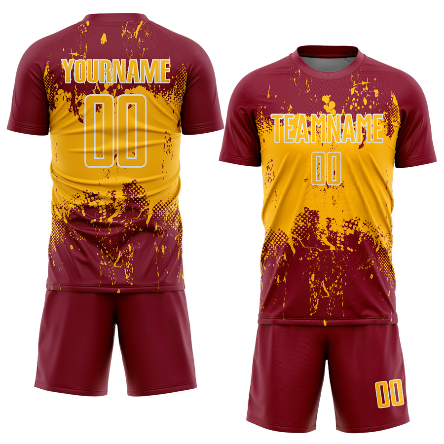 Custom Crimson Gold-White Abstract Splatter Grunge Art Sports Sublimation Soccer Uniform Jersey