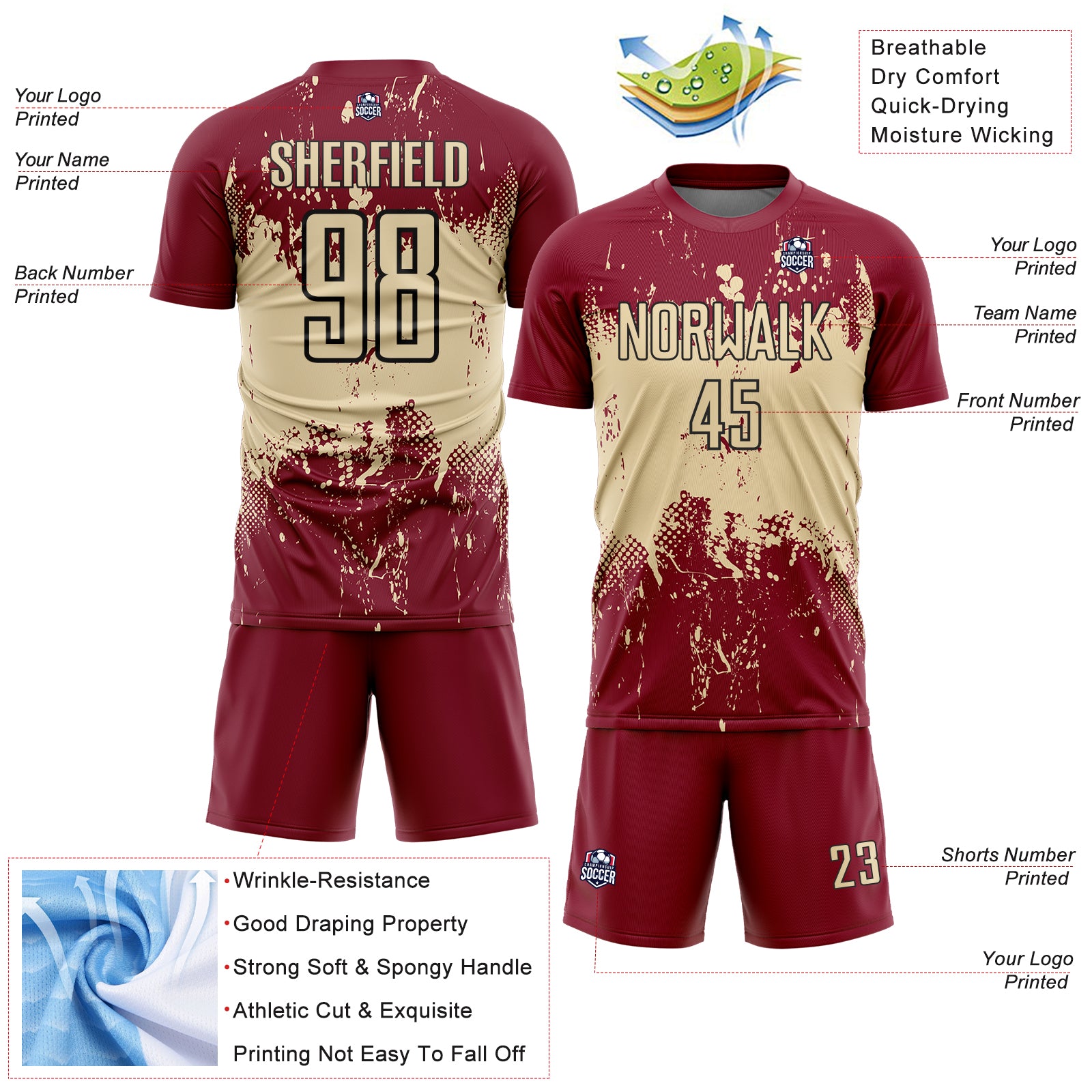 Custom Crimson Cream-Black Abstract Splatter Grunge Art Sports Sublimation Soccer Uniform Jersey