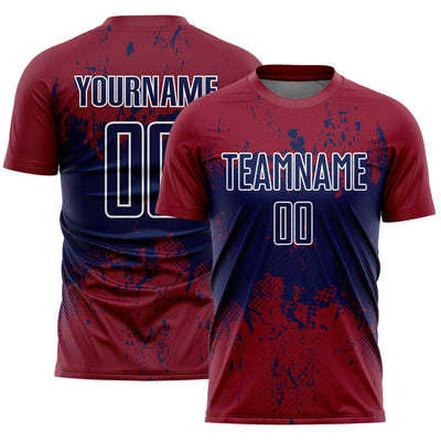 Custom Crimson Navy-White Abstract Splatter Grunge Art Sports Sublimation Soccer Uniform Jersey