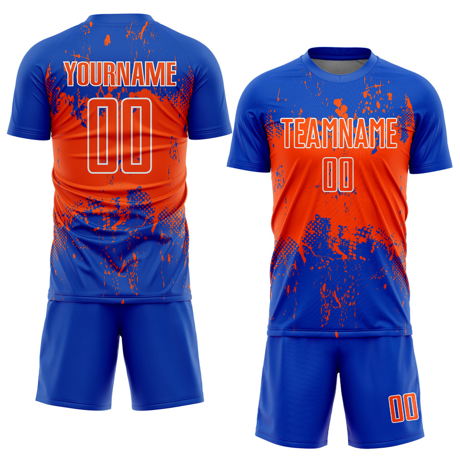 Custom Thunder Blue Orange-White Abstract Splatter Grunge Art Sports Sublimation Soccer Uniform Jersey